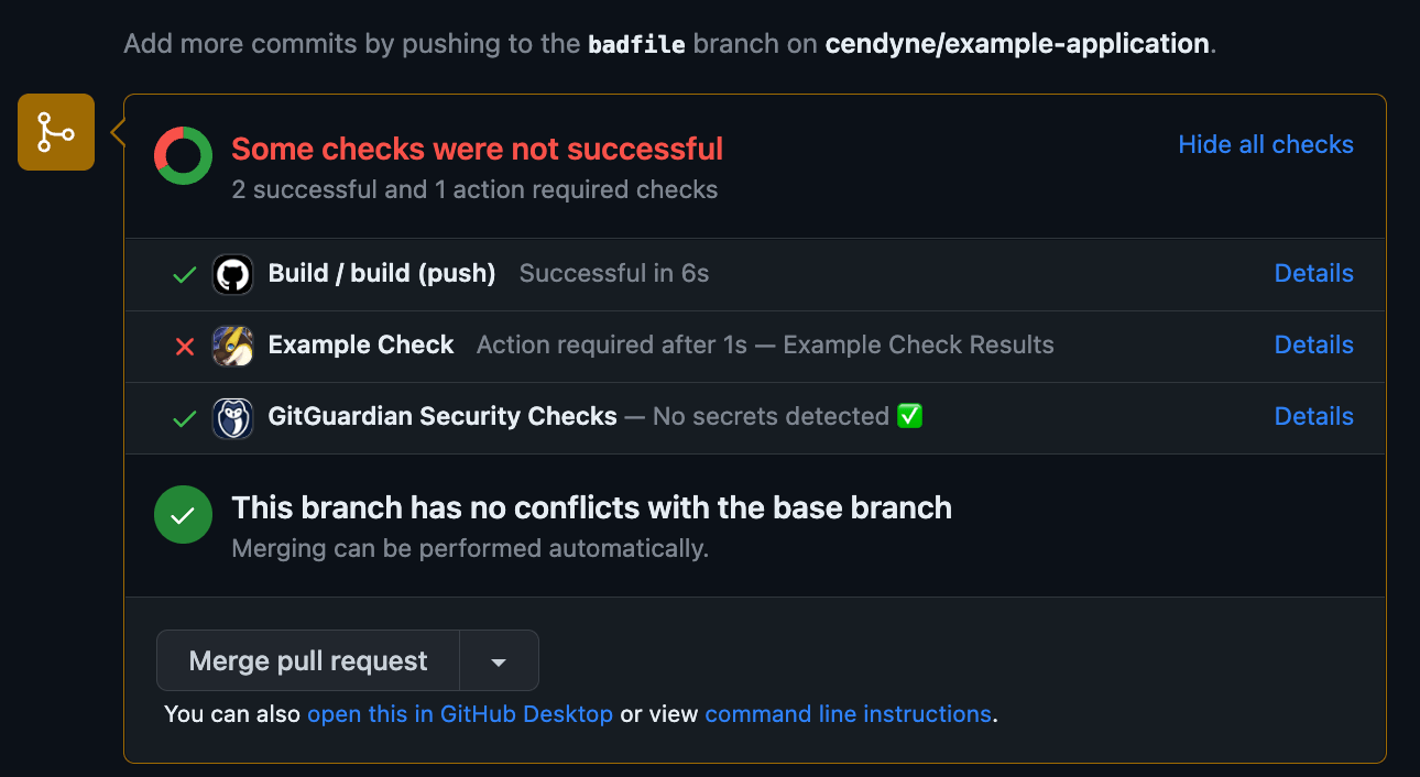 In the summary of several checks run on a pull request, an example check run shows that it requires action. This is signaled with a different status and color.