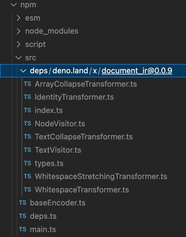 A view in VS Code where the npm folder has several such as esm, node_modules, script, and src. Inside src is the TypeScript for this project and there is a deps folder too. The deps folder has a package labeled document_ir at version 0.0.9. The full contents of that package have been inlined.