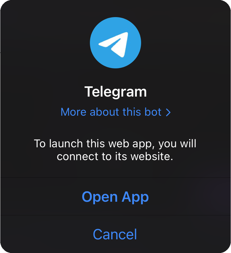 A modal notice that shows the telegram logo, the name telegram, and the text 'To launch this web app, you will connect to its website.'