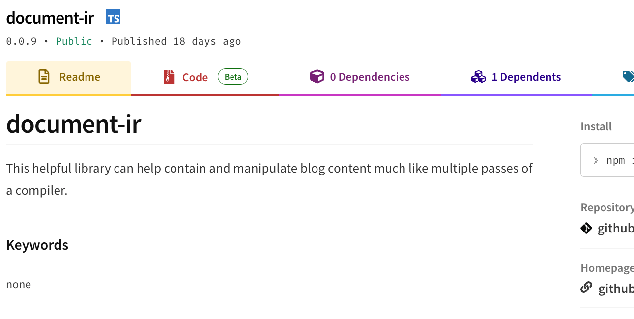 An NPM package listing, where document-ir is public and shows a brief README.