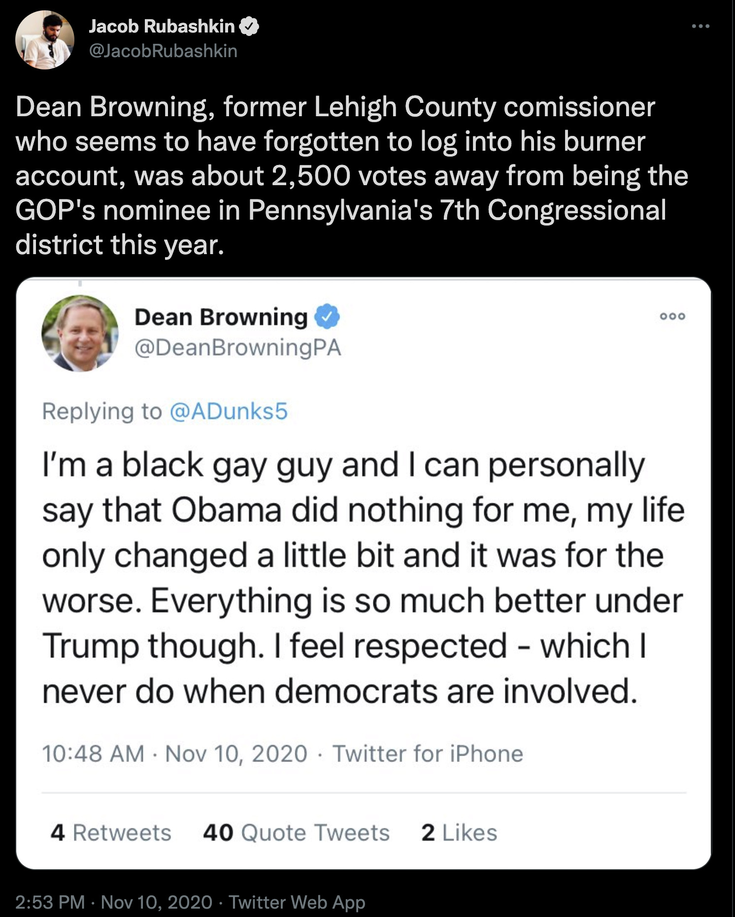 Dean Browning posts as another race
