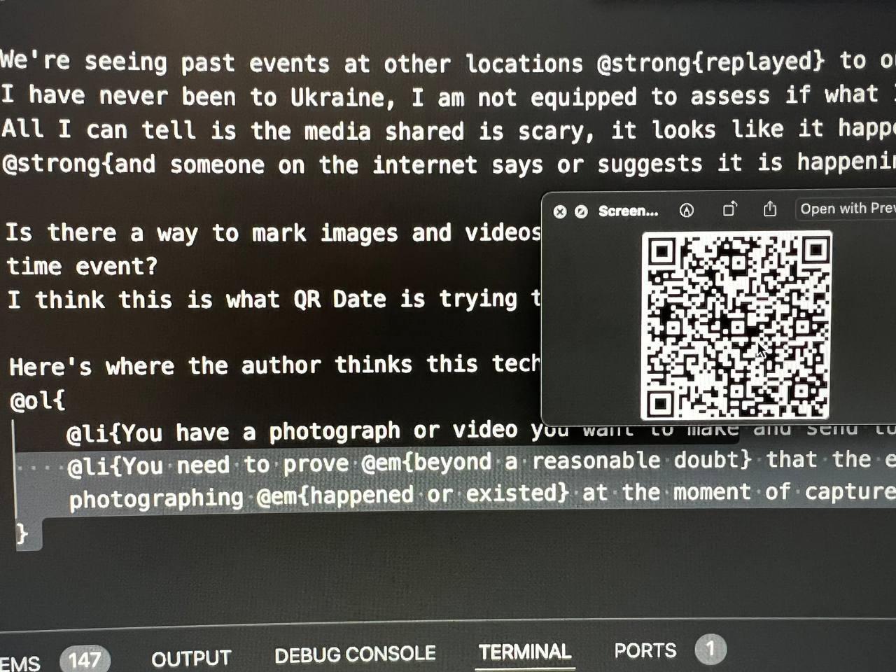 A draft of this article with a qr code over it