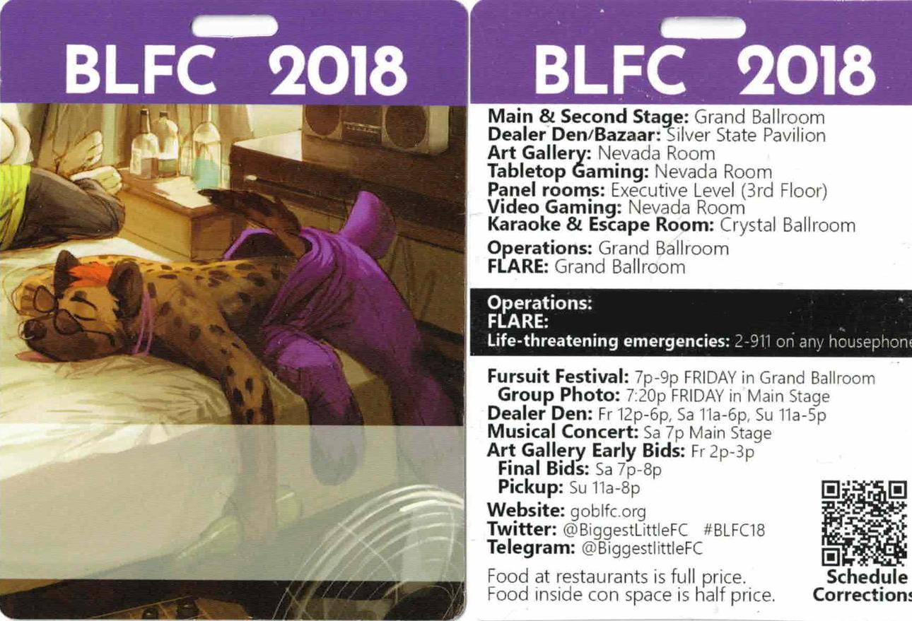 A scan of BLFC 2018's front and back badge design