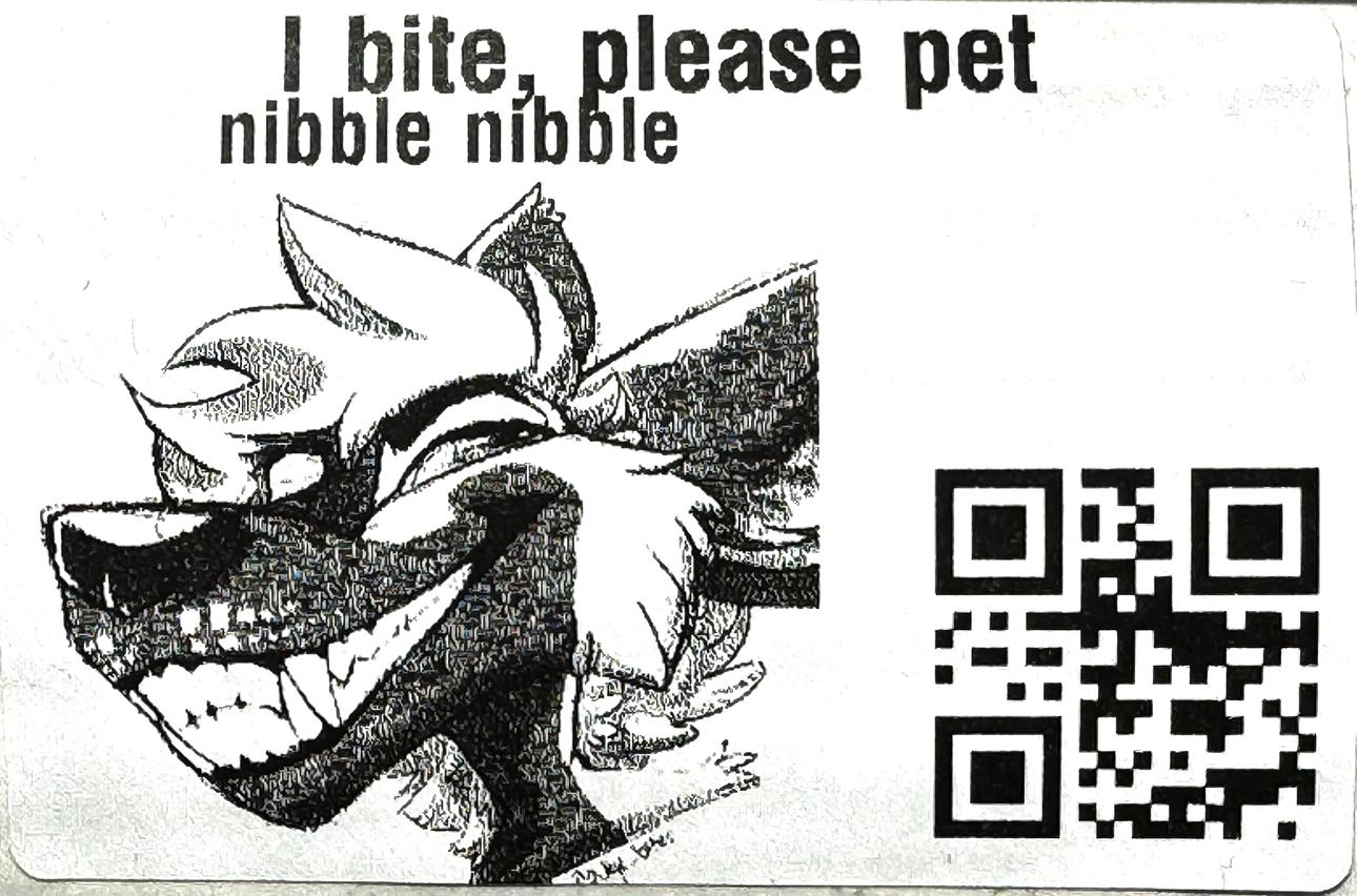 Very toothy dog with the words I bite please pet