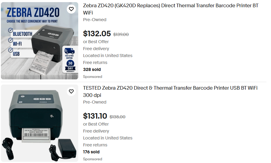Zebra ebay listing, around $130