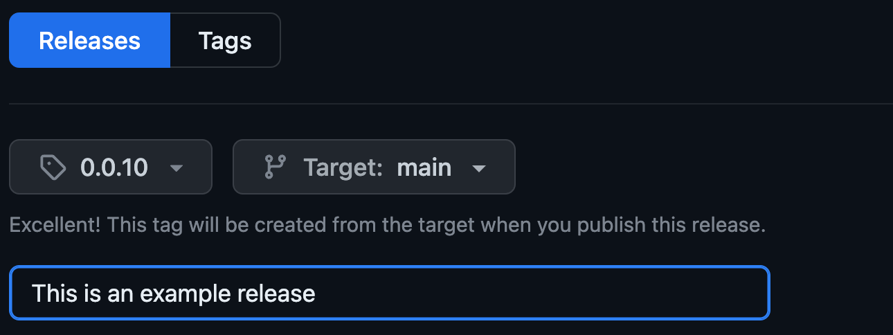Showing a GitHub interface where a new release is being drafted with the version 0.0.10 and the description 'This is an example release'.