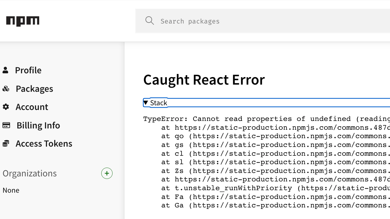 A screenshot of NPM's website where they have an undefined property reference error. A stack trace follows with minified symbols listed.