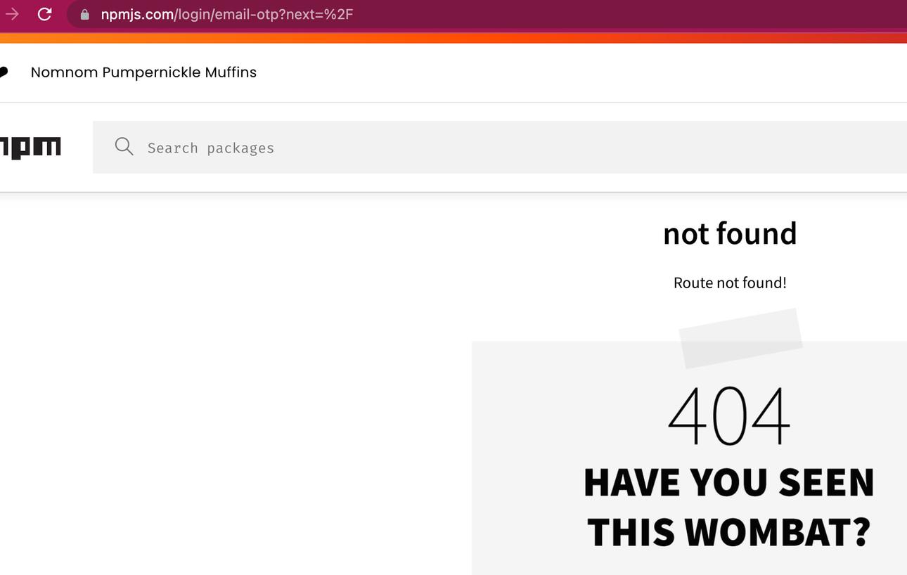 NPM shows a 404 page with login slash email-otp in the URL