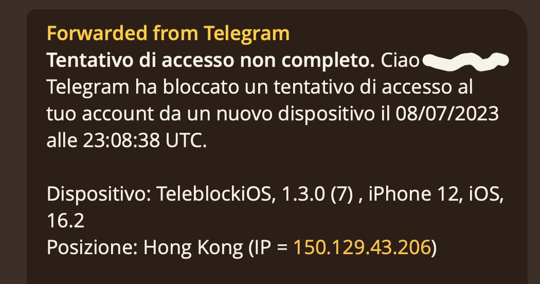 Telegram Blocked a suspicious connection from Hong Kong