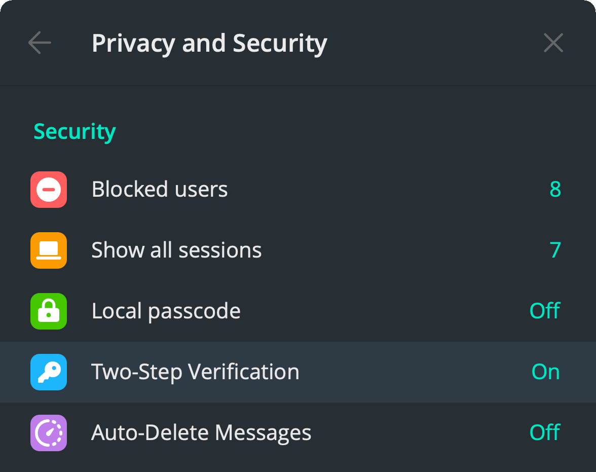 Privacy and security screen with two step verification highlighted