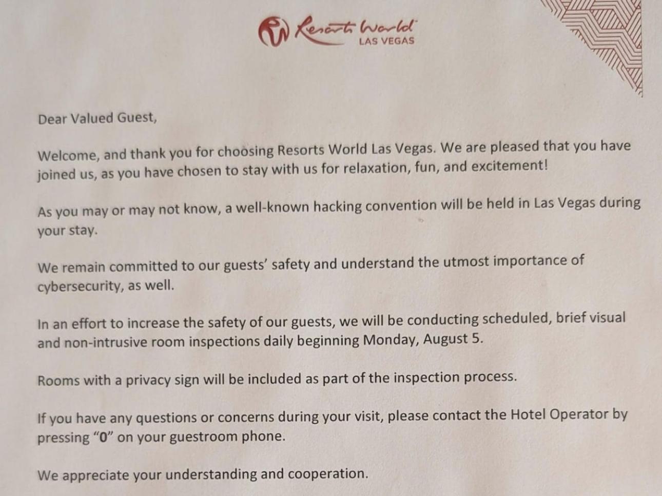 Resorts world informing guests about a hacking convention