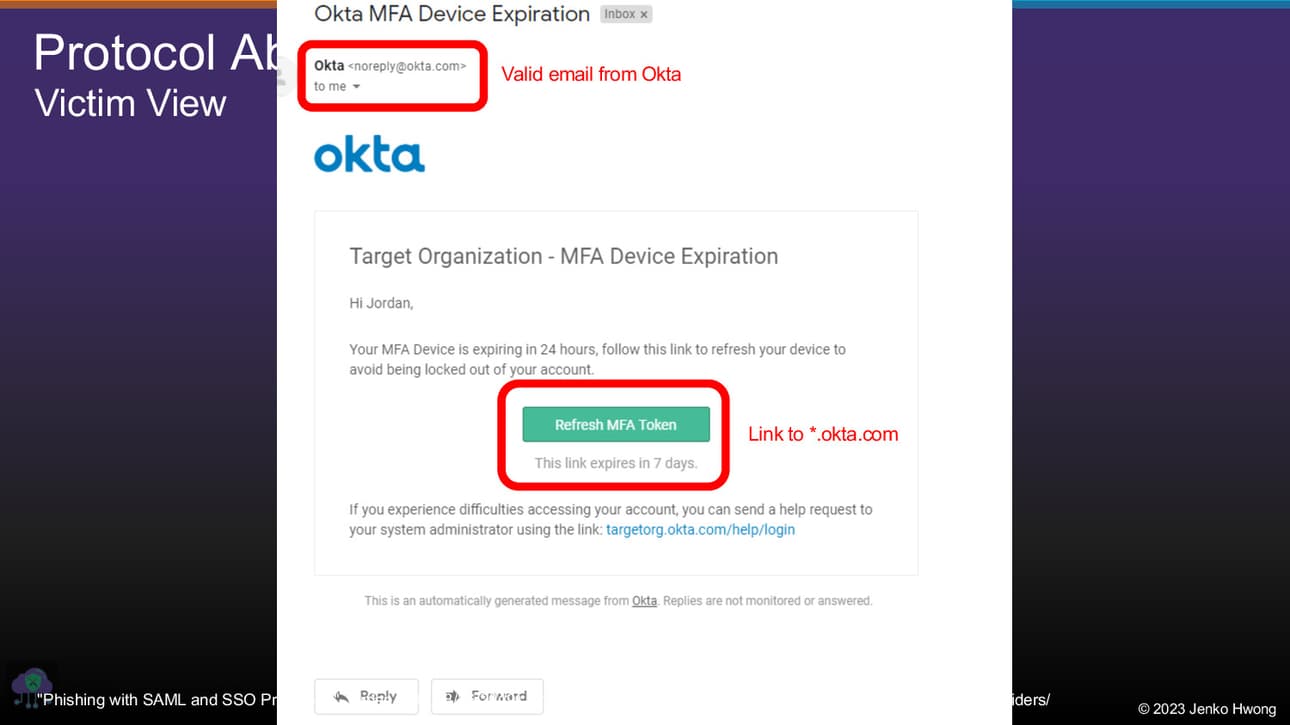 An email arrives from Okta with the text Refresh MFA Token