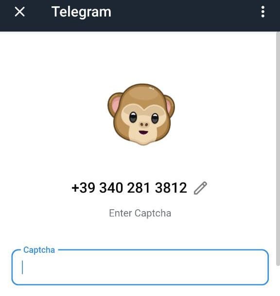 A fake telegram one time password prompt saying enter captcha with a monkey emoji