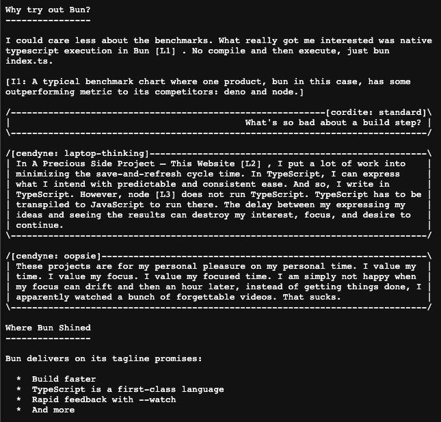 A fixed width textual representation of the beginning of this post with 'Why try out Bun?' The image demonstrates headers, image alt text, the sticker messages in the blog post, and an unordered list.