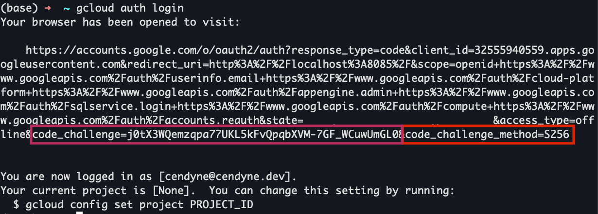 A screenshot of google cloud command line interface app logging in. It shows the URL to copy (if needed) and includes a code challenge and a code challenge method in the request query parameters. These parameters are essential to the Proof Key for Code Exchange approach.