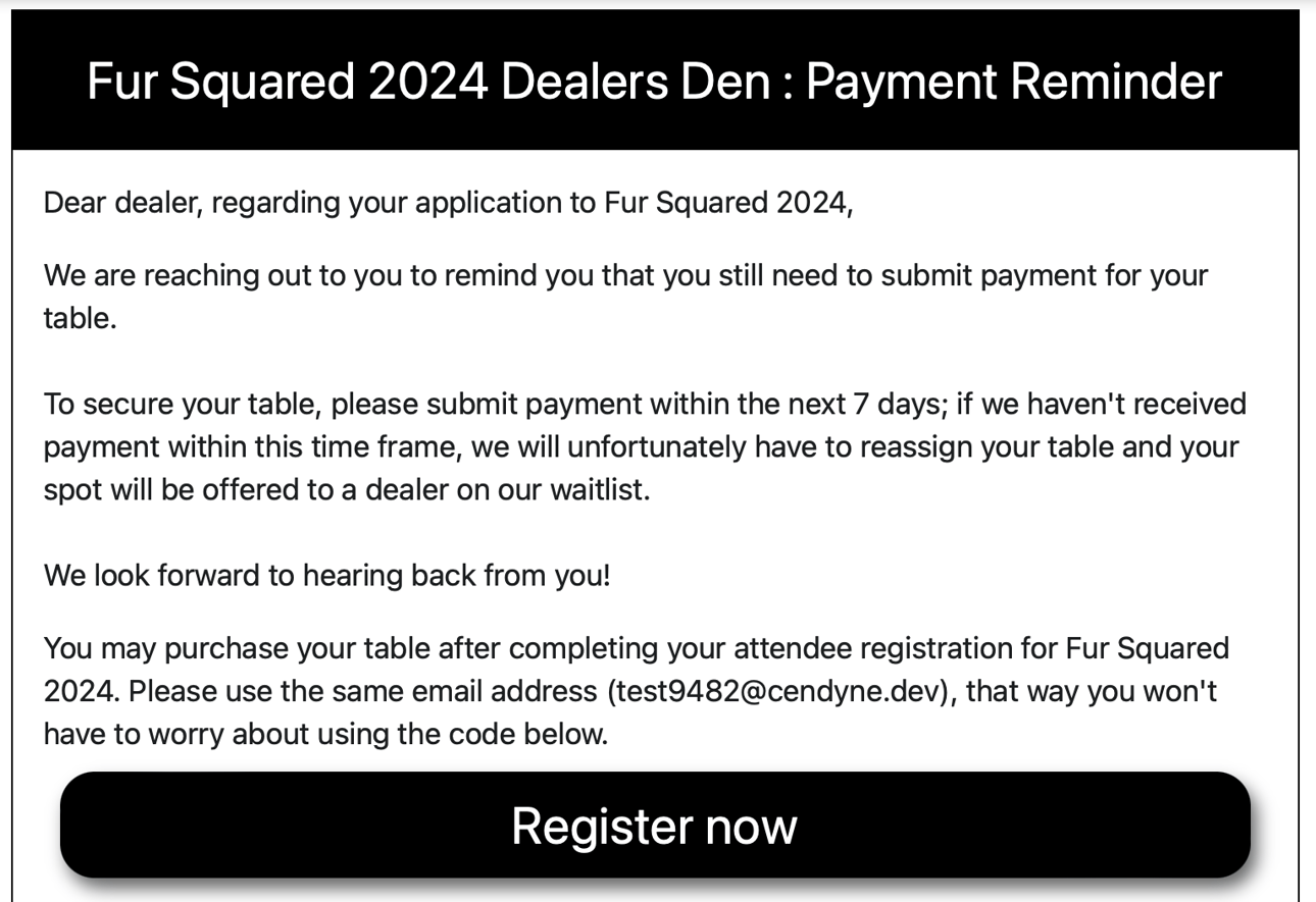 A reminder email for vendors that neglected to register