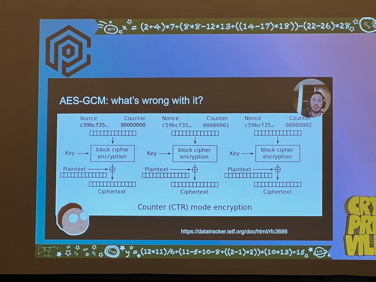 Diagrams of how AES Counter mode CTR works in manipulating plaintext into ciphertext, how keys and nonces are related 