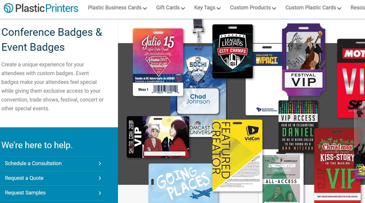 Plastic Printers screenshot with a conference badges and event badges collage