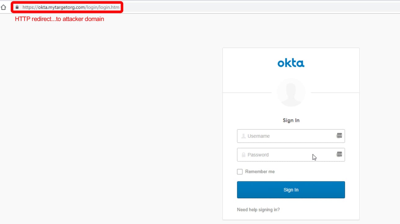 A web page that looks like an okta login screen but is served from another origin