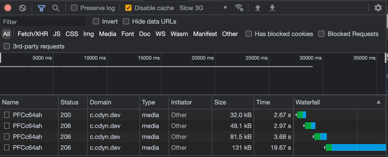 A chrome network tab with three recorded requests for the same endpoint