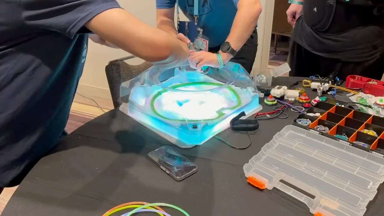 Beyblades in action
