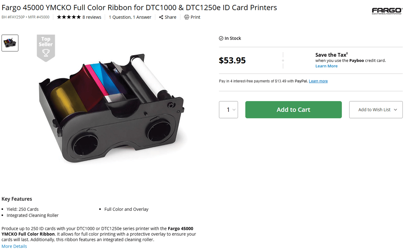 A listing on B&H for a ribbon cartridge