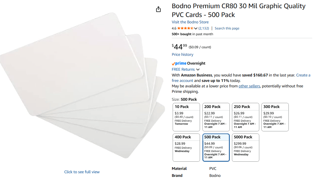 Amazon listing of PVC cards