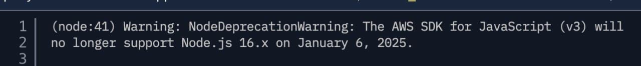 An warning message saying this version of node (14) will no longer be supported after 2024. It is near the end of 2025.