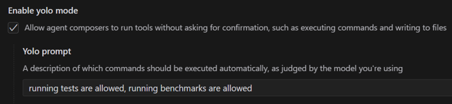 Cursor settings YOLO mode, allows running commands automatically