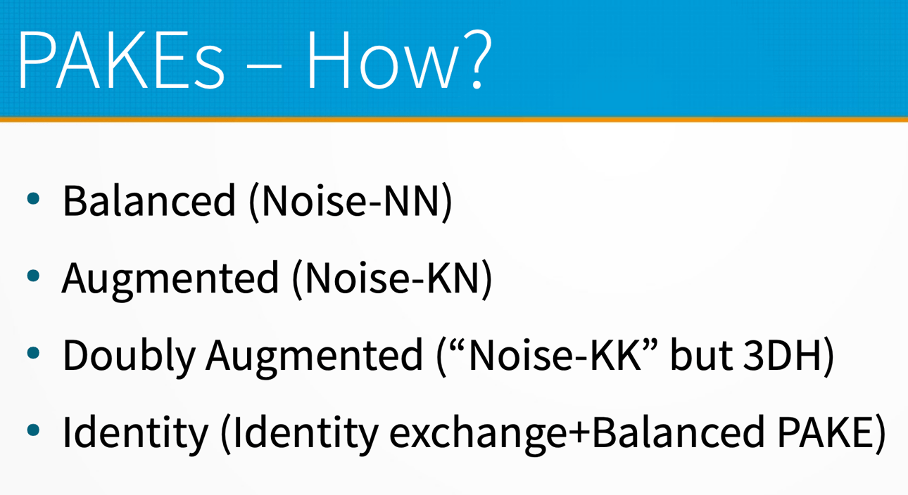 A picture of a presentation. The top says P A K E s, how? Balanced noise, Augmented, Doubly Augmented, and Identity. Overall it is mostly names and jargon labels.