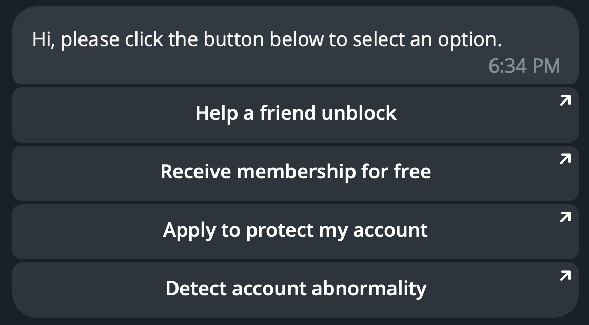 The bot responds with buttons like help a friend unblock, receive membership for free, apply to protect my account, detect account abnormality