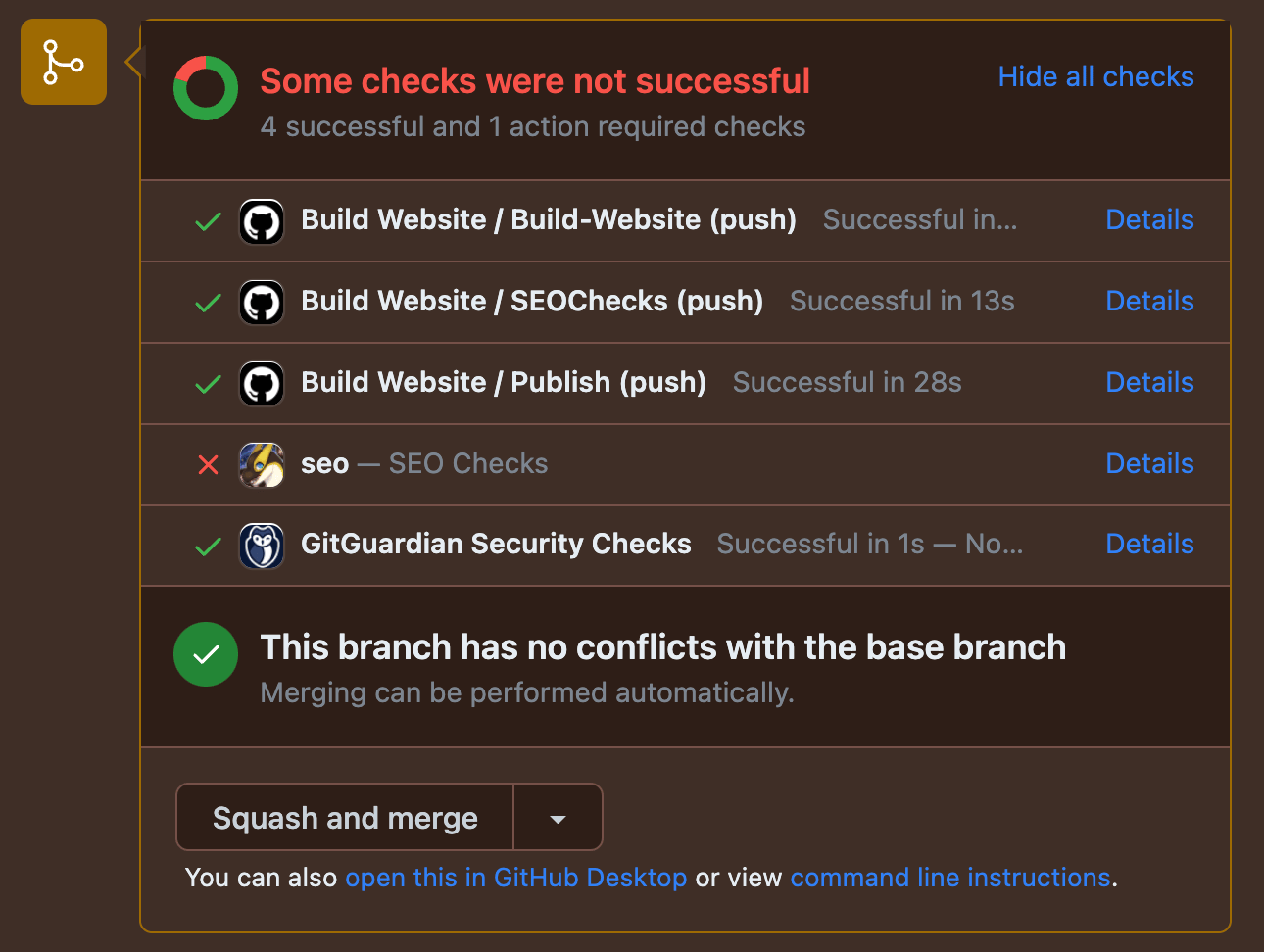 A GitHub UI where check runs are listed. One of them is custom and shows the Cendyne character next to 'SEO Checks', it shows action is required..