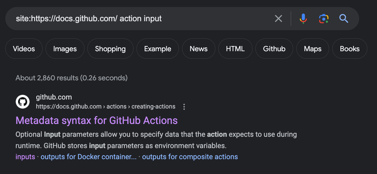 Search results on google. The metadata page, as linked above, is the first result on Google. The search query has only 'action input' next to the site filter.