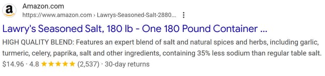 A search result showing that 180 pounds of salt can be purchased for about 15 US Dollars