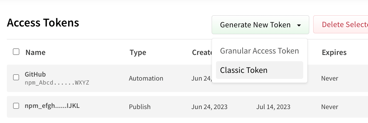 NPM's interface where in the access tokens section, there is a drop down in green labeled Generate New Token. Under its options is Classic Token.