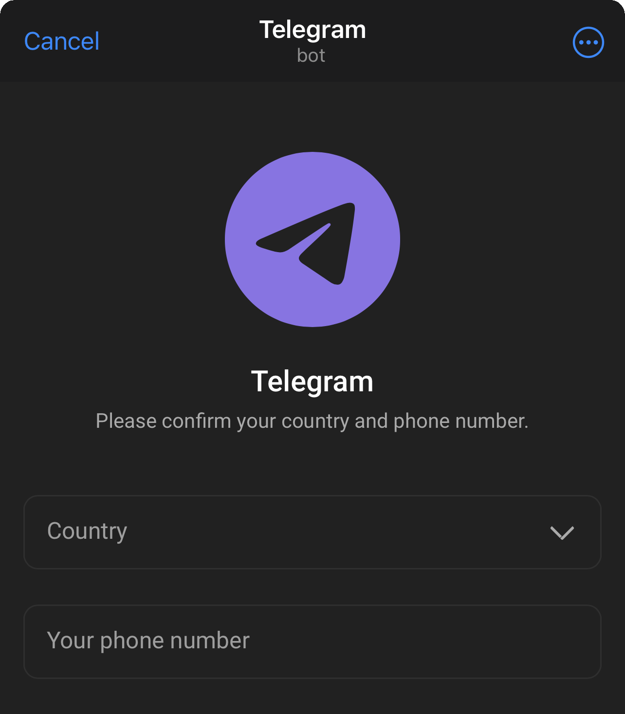 A login screen, which reads Telegram in Telegram's web app label. Inside the web app, again Telegram shows up and asks for country and phone number to begin the login process.