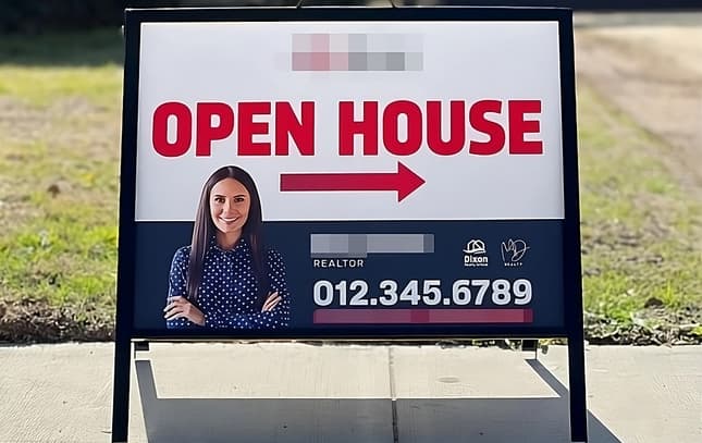 A picture of a realtor sign with someone's face confidently smiling