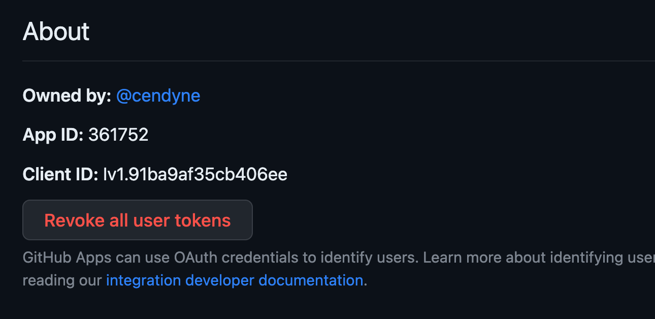 An interface on GitHub labeled About, it is about an application which is owned by Cendyne with an App ID of 361752.