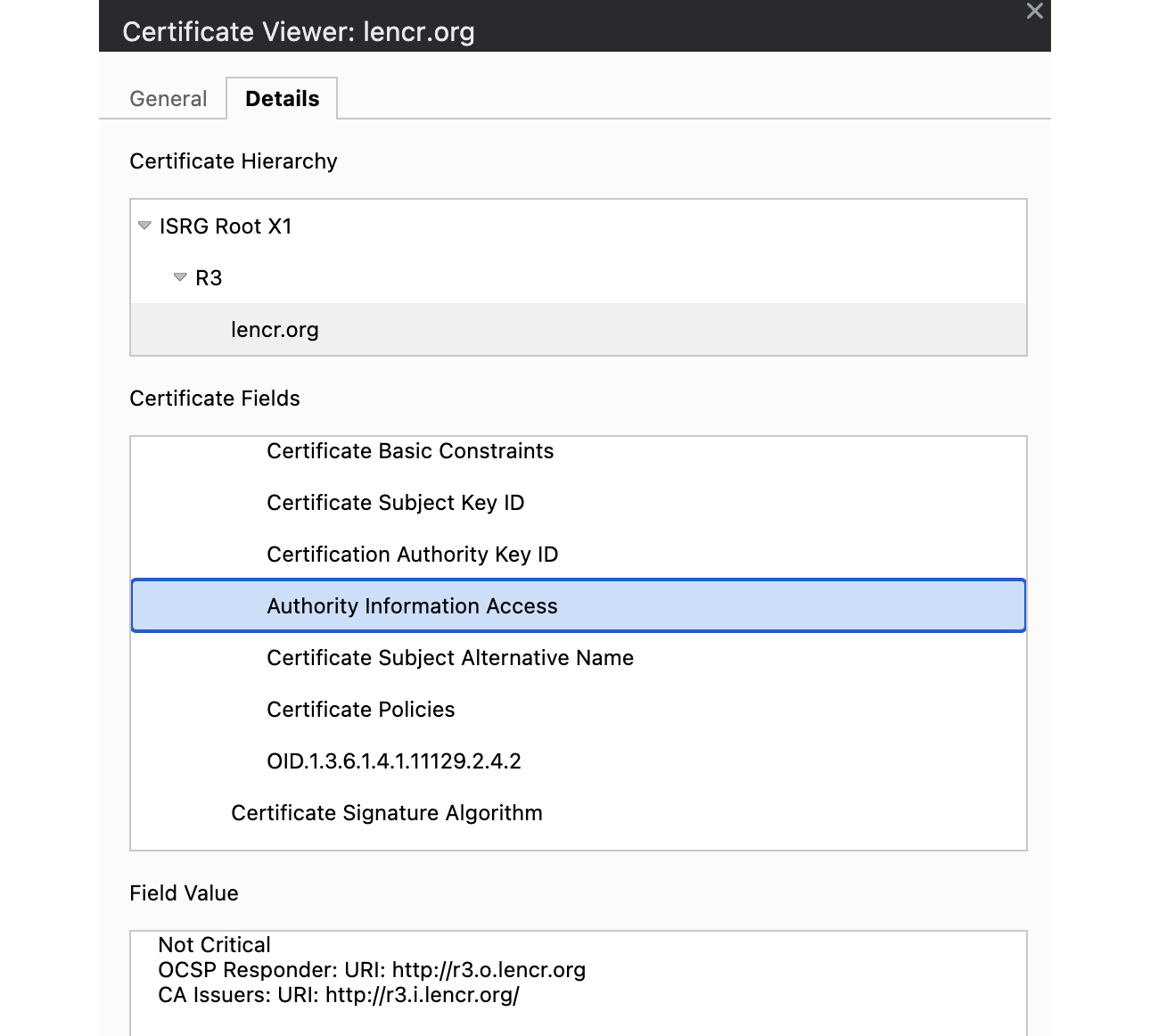 A certificate view for lencr.org. In the certificate fields list Authority Information Access is highlighted. In the field value it has an OCSP Responder URI set to r3.o.lenc.rorg