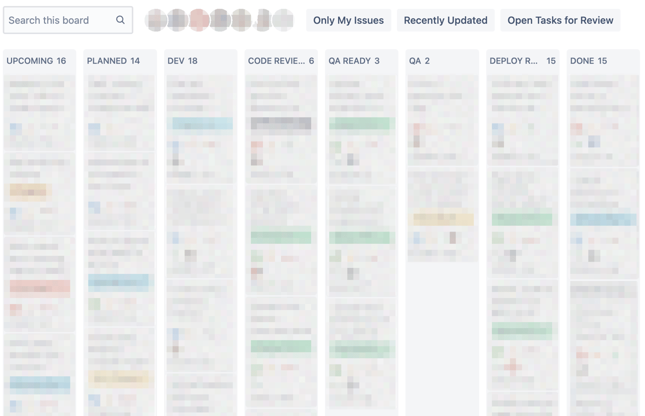 A jira board with the tasks blurred