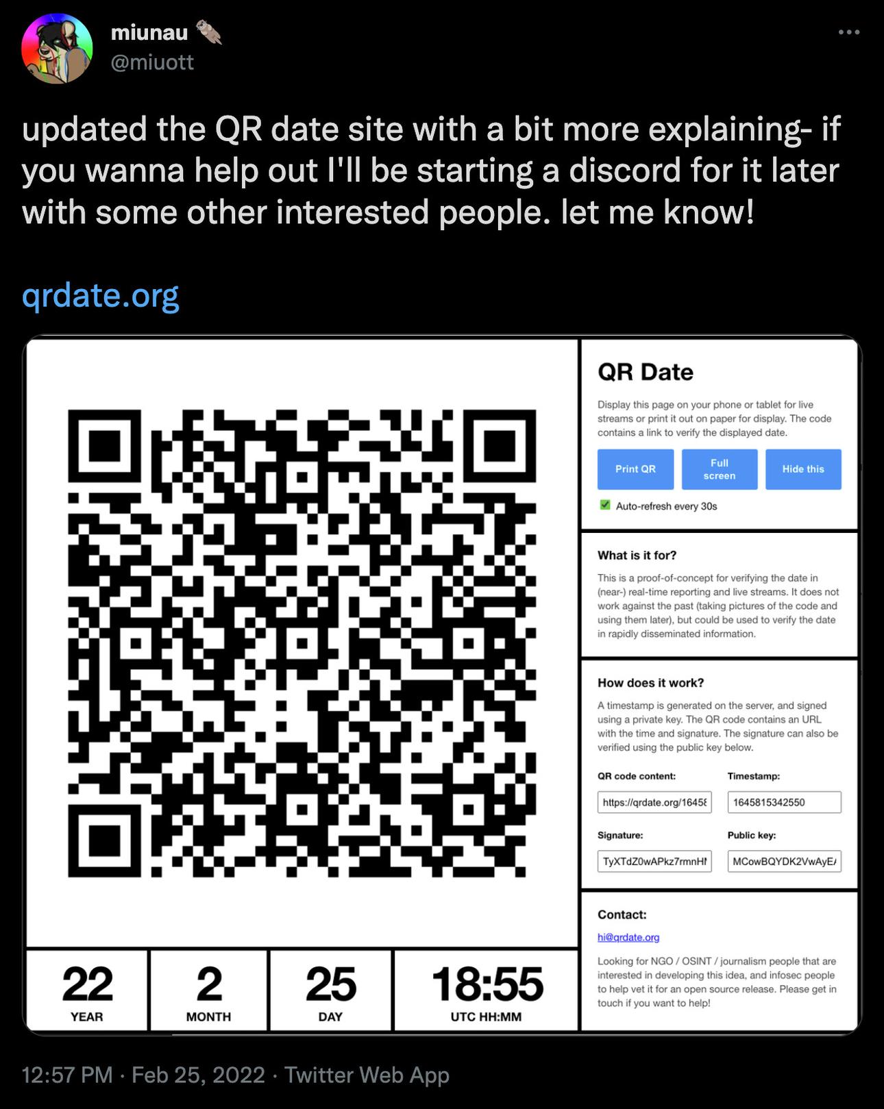 A tweet introducing QR Date