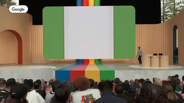 The Google IO stage where James Manyika talks about bold AI and responsibility.