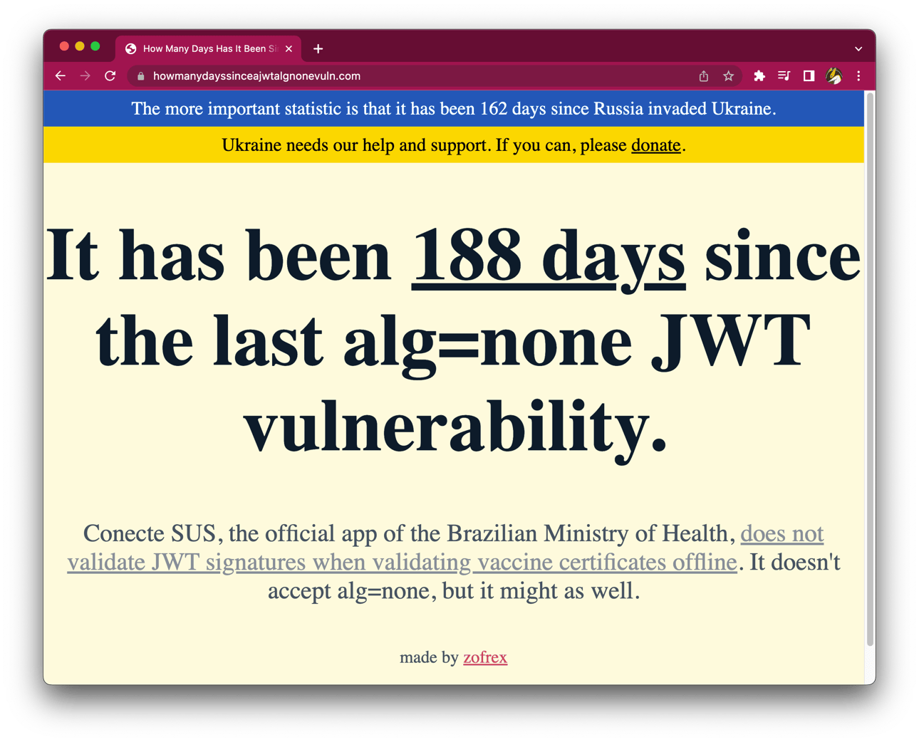 A screenshot of the website 'how many days since a jwt alg none vulnerability' it reads 188 days. It soon got reset after this screenshot was taken.