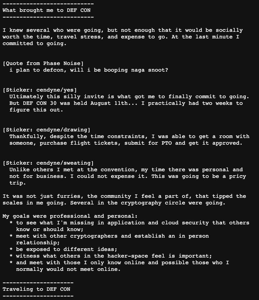 A text version of the post DEF CON 30, beginning with 'What brought me to DEF CON'. There is creative use of white space to differentiate sections of the article.