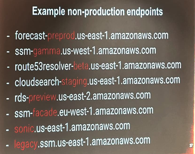 Example non-production endpoints such as forecast-preprod.us-east-1.amazonaws.com or ssm-gamma.us-west-1.amazonaws.com