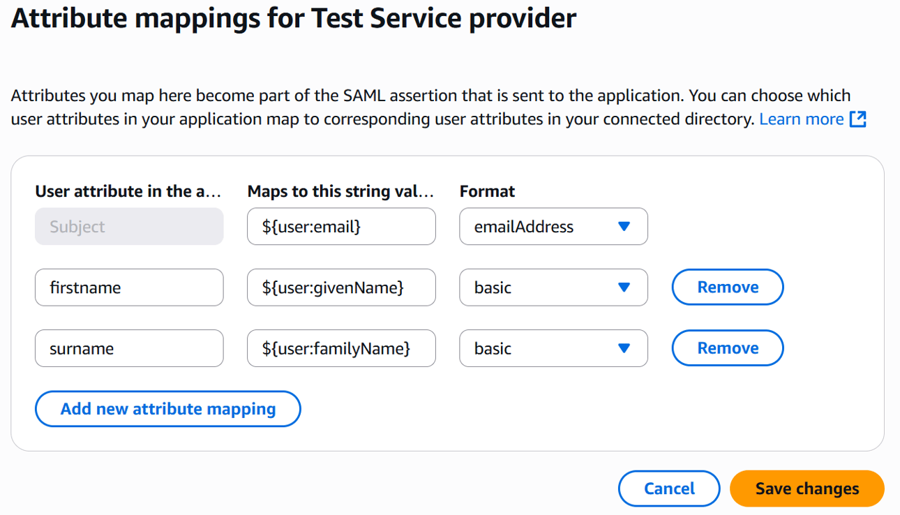 A screenshot of configuring attributes for a custom SAML application