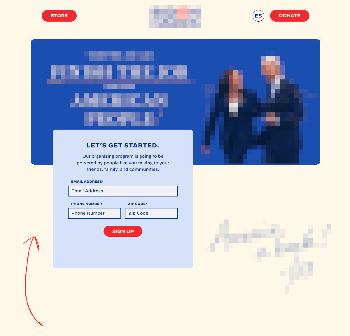 A certain politician's home page with details obscured