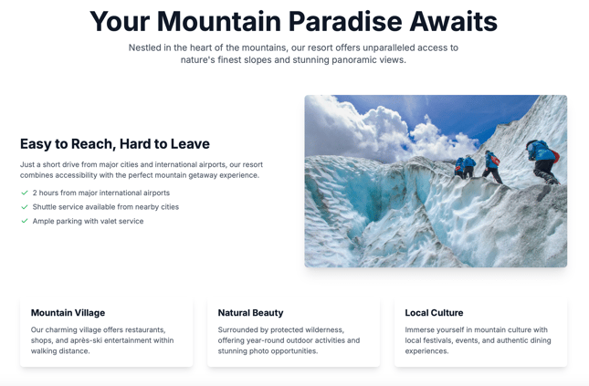 A generated website about a ski resort with a phrase like 'Easy to Reach, Hard to Leave'