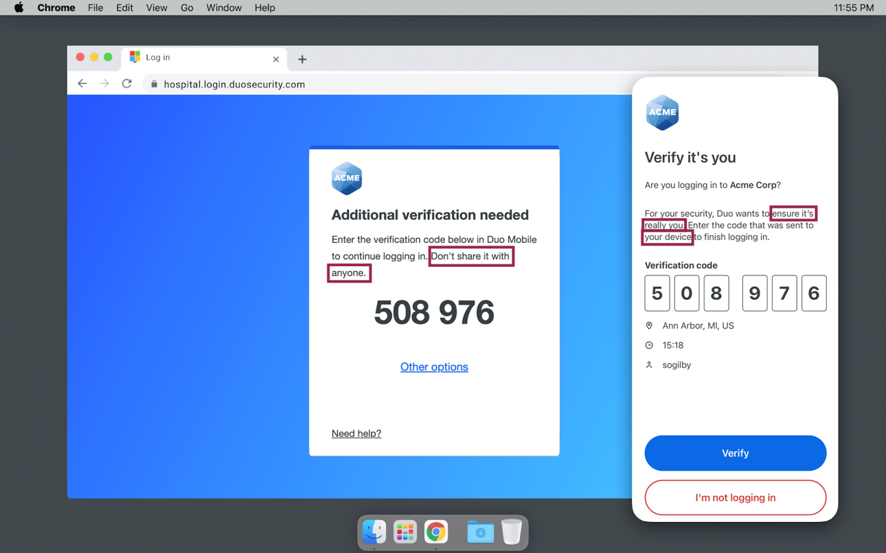 Duo demonstrates number matching with the words "Don't share it with anyone"