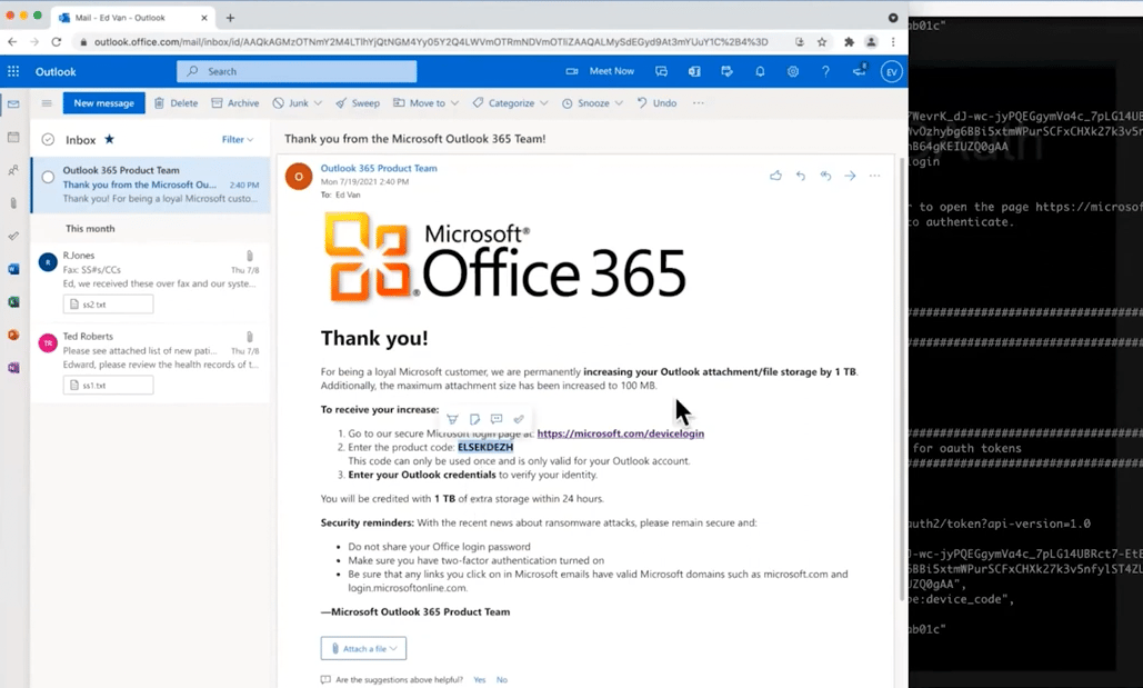 A slide from Jenko's presentation showing a phishing email pretending to be from Microsoft Office 365. There is an offer to increase disk space to 1 Terabyte. It says to go to an official microsoft link and enter in a product code. In truth, the product code is a device one time password and by filling this out, you are giving permission to the remote device or application to access all of your account.